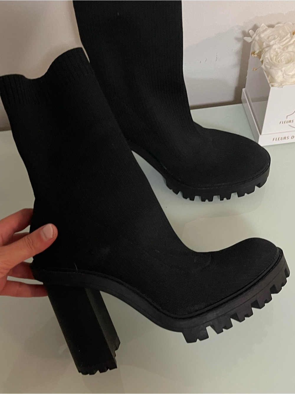 Zara Black Ribbed Sock Heel Boots - Picture 2 of 9